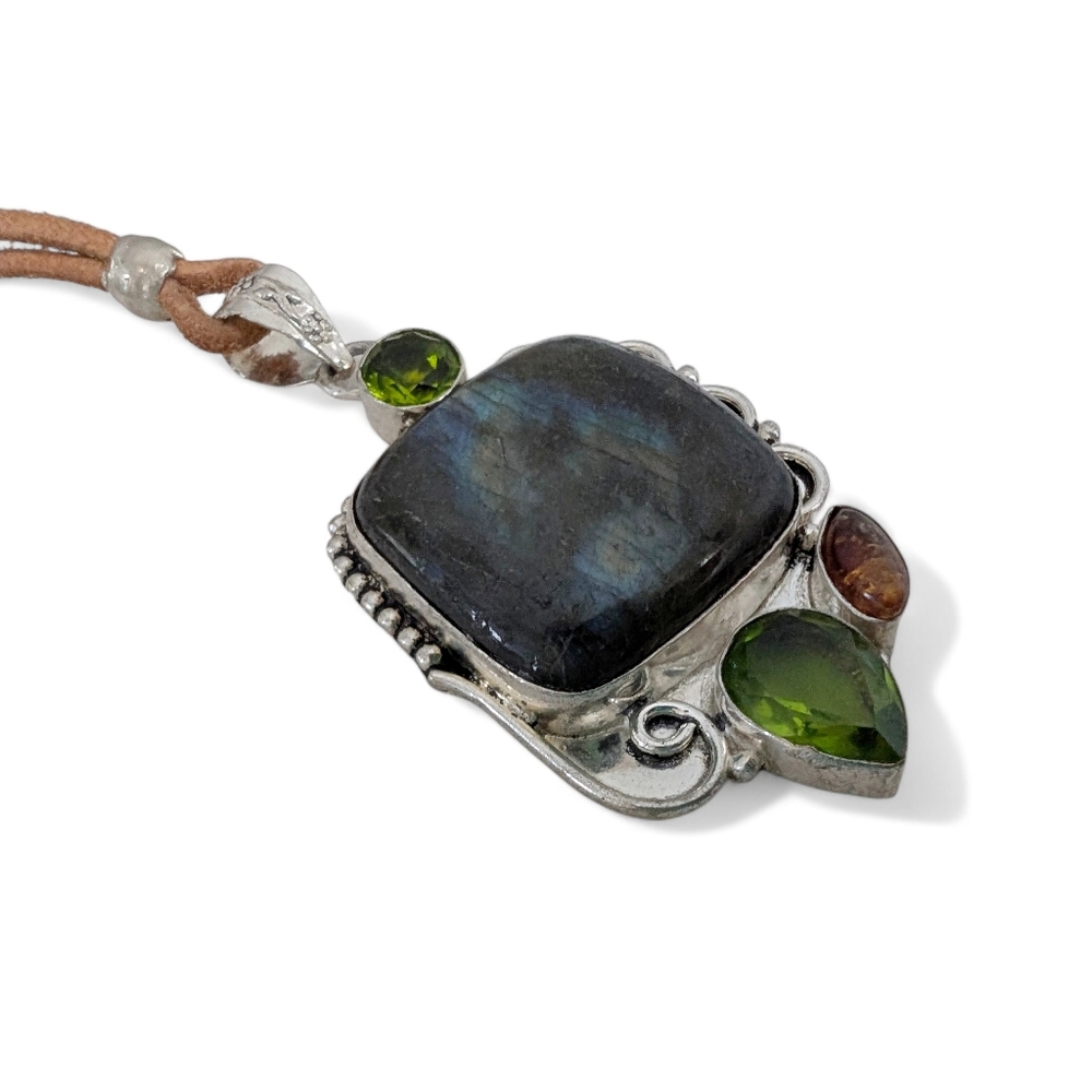 VINTAGE Pendant Necklace Labradorite Peridot 36" 925 Sterling Silver Leather - Picture 12 of 14